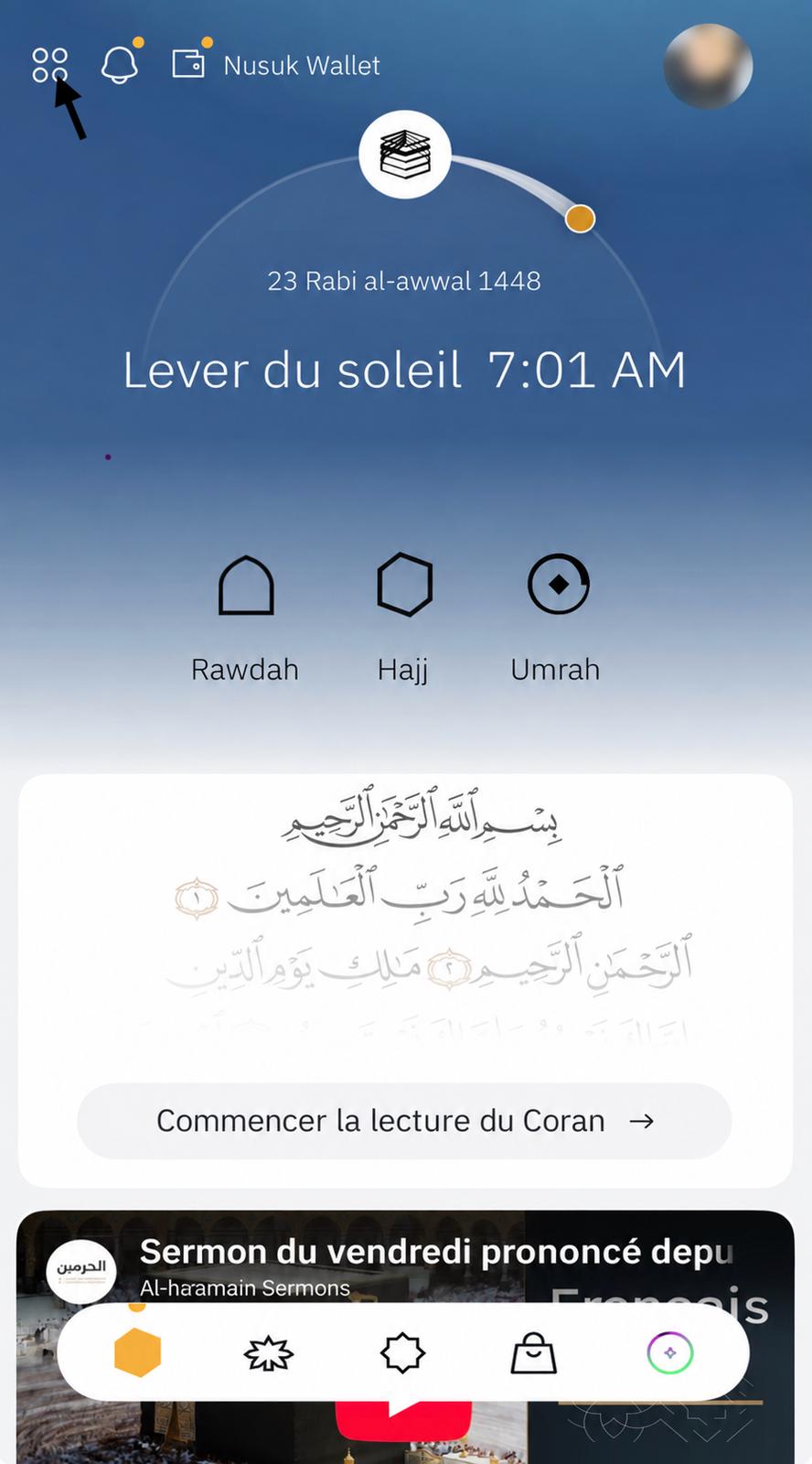 Menu des quatre points sur l’écran d’accueil de l’application Nusuk